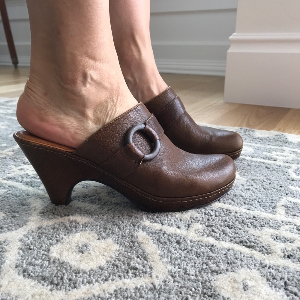 Brown leather clogs